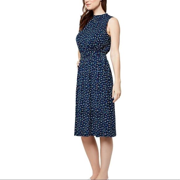 NEW! LEOTA Ladies Aria Dress in Color Blue Twilight Dot Parakeet Print - Picture 4 of 12